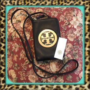 TORY BURCH Black Leather Cellphone Crossbody bag